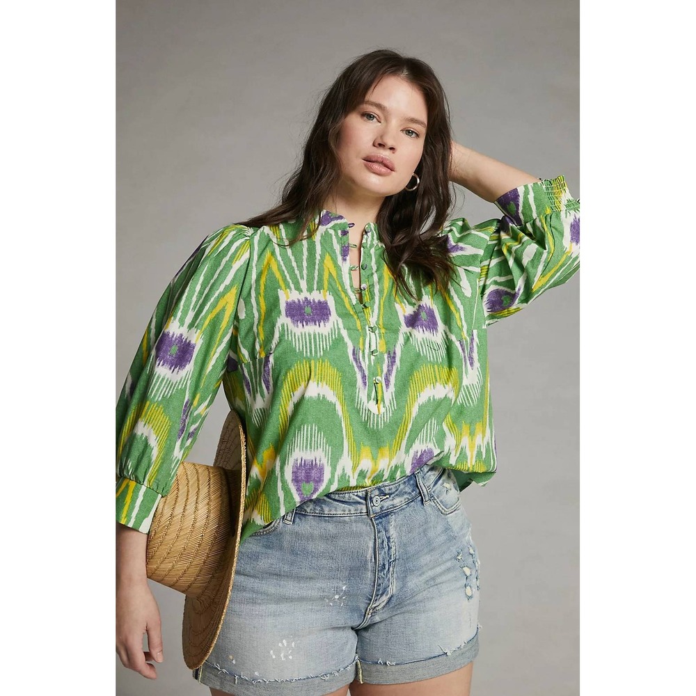 Anthropologie Blouse Sharona Henley 2X Green Ikat Puffed Sleeve Organic Cotton